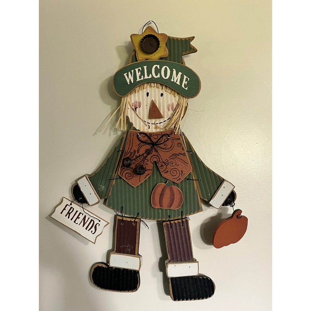Rustic Wood Scarecrow Wall Hanging Fall Decor Welcome Friends Pumpkin Sign 19.5"